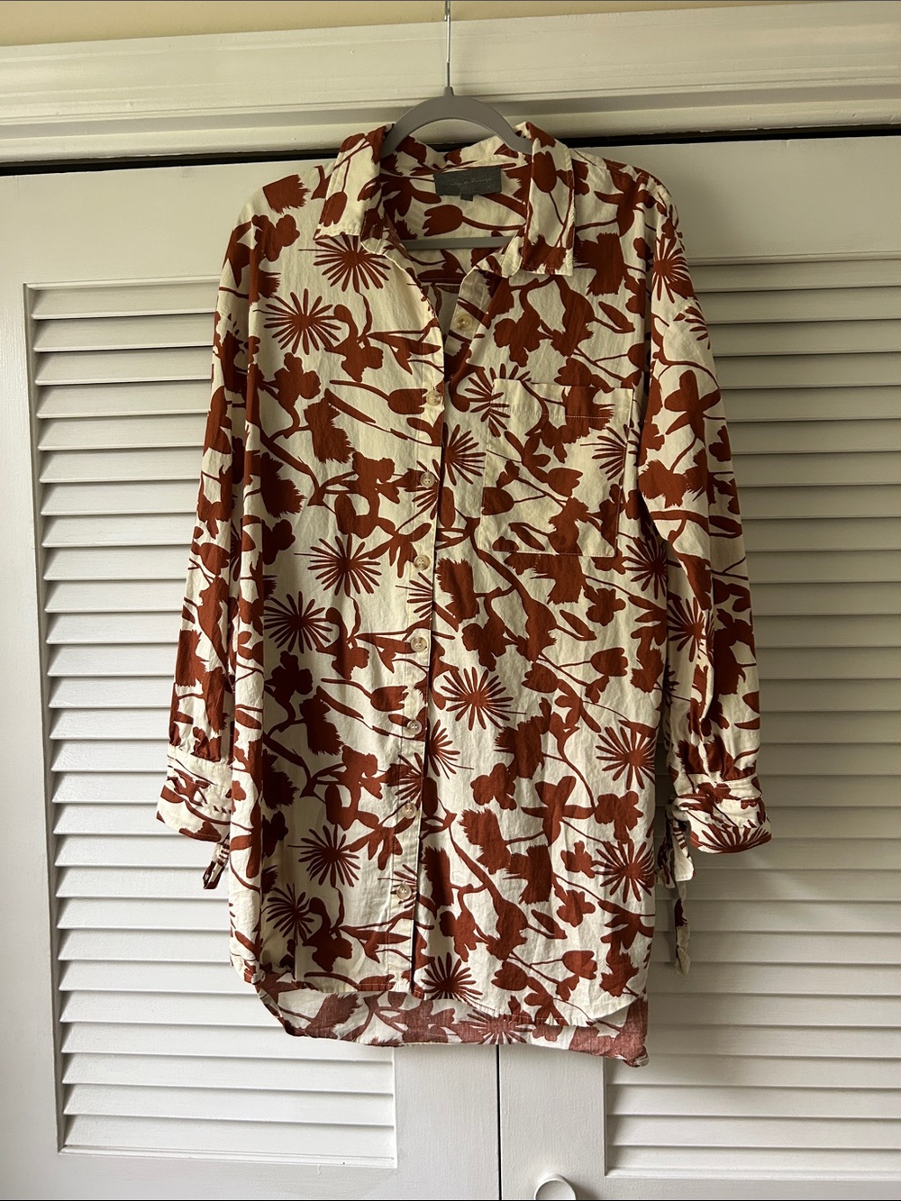 Sunday in Brooklyn Cream Button-Up Shirt with Rust Floral Motif
